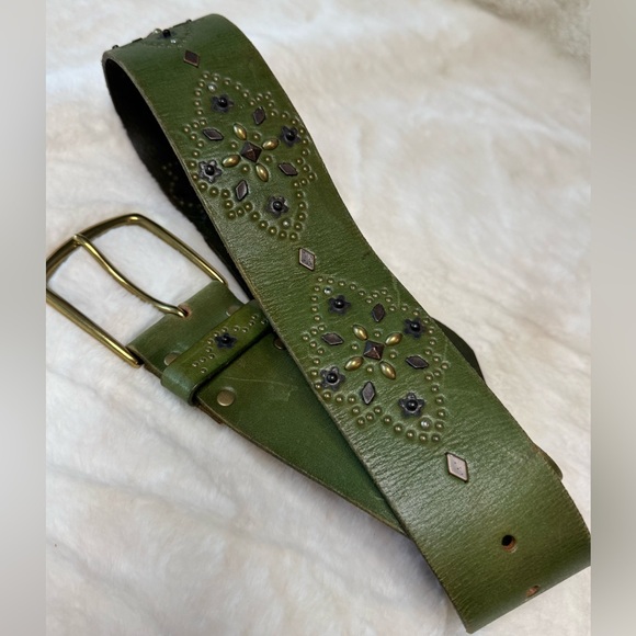 Linea Pelle Genuine Leather Green Vtg Bohemian Western Belt, Solid Brass Buckle - Picture 5 of 15